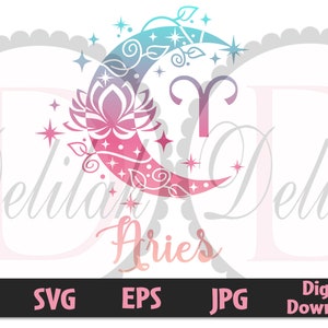 ARIES Zodiac Sign SVG • Zodiac Star Signs • Aries • Moon • Lotus Flower • Digital Download • Svg • Png • Eps • Jpg