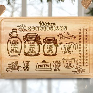 May include: A wooden cutting board with engraved kitchen conversion charts. The board includes measurements for volume, such as gallons, quarts, pints, and cups, along with temperature conversions in Fahrenheit and Celsius.