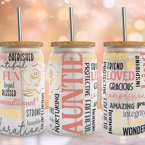 AUNTIE TITI Mothers Day 16oz Glass Can Tumbler Wrap PNG File, 16oz Libbey Glass Tumbler Sublimation, Daily Affirmation 16oz Tumbler Template