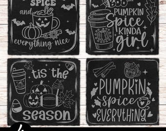 4 Pumpkin Spice Slate Coaster Files, PNG & SVG Laser Engraved, Glowforge, Slate Tile Laser Digital File, Pumpkin Latte Slate Coaster Design