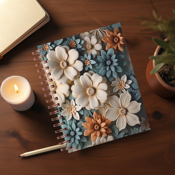 Neutral Blue 3D Flowers Journal Covers PNG Design Sublimation - Printable Planner Cover Notebook Cover - Instant Download 3D Journal Cover