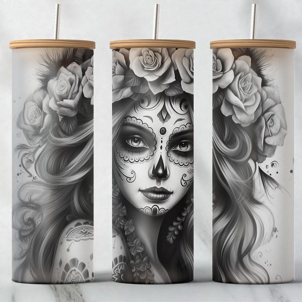 Dia De Los Muertos 25oz Glass Can Tumbler Wrap PNG File • Day of the Dead • Black White Tattoo Art • Sublimation • Digital File Only