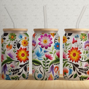 Mexican Embroidery Floral Pattern 16oz Libbey Glass Tumbler Wrap PNG File • Floral 16oz Tumbler Sublimation Wrap Design • Digital Download