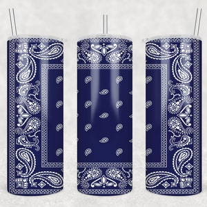 May include: Three stainless steel tumblers with a blue and white bandana pattern. The tumblers are all the same size and have a straw.
