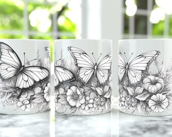 Black White Sketch Butterfly Coffee Mug Wrap PNG, 15oz Coffee Mug Sublimation Designs, 11oz Coffee Mug Wrap, 15oz & 11oz Cup Digital Design