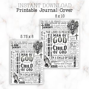 Peut inclure: Couverture de journal imprimable avec un design noir et blanc repr&eacute;sentant un lion, des mains en pri&egrave;re et une croix. La couverture comprend le texte "Le Seigneur est mon Berger", "Dieu Tout-Puissant", "Homme de Dieu", "Enfant de Dieu", "Je suis un enfant de Dieu", "Alpha et Om&eacute;ga", et "J&eacute;sus marche par la foi".