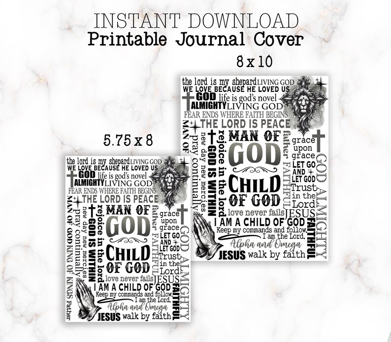 Peut inclure: Couverture de journal imprimable avec un design noir et blanc repr&eacute;sentant un lion, des mains en pri&egrave;re et une croix. La couverture comprend le texte "Le Seigneur est mon Berger", "Dieu Tout-Puissant", "Homme de Dieu", "Enfant de Dieu", "Je suis un enfant de Dieu", "Alpha et Om&eacute;ga", et "J&eacute;sus marche par la foi".