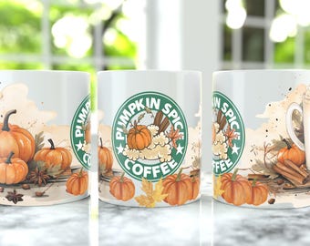May include: White ceramic mug featuring a fall-themed design. The mug has a watercolor illustration of pumpkins, cinnamon sticks, and fall leaves. The text "PUMPKIN SPICE COFFEE" is printed on the mug in a green circle.