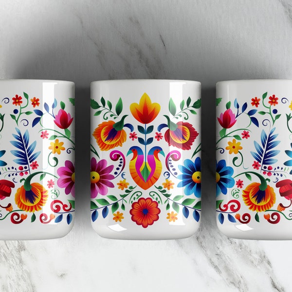 Mexican Embroidery Pattern • 11OZ Coffee Mug Sublimation Design PNG File • Mexican Floral 11oz Coffee Cup Wrap Design • Digital ONLY
