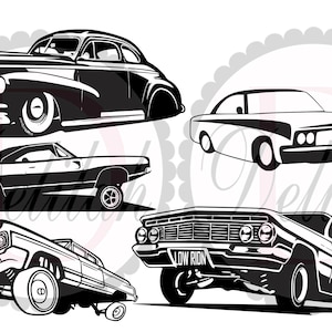 May include: A set of five black and white illustrations of classic American cars. The cars are all lowriders, with large wheels and a lowered suspension. The illustrations are in a simple, cartoon style.