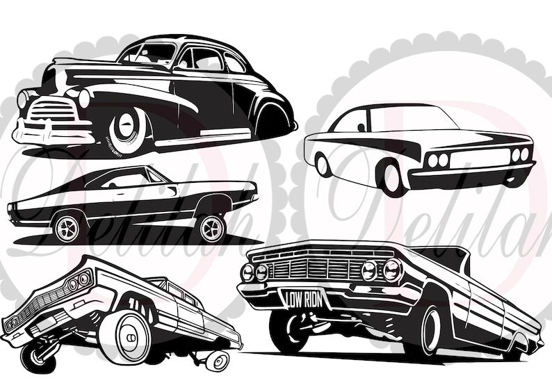 May include: A set of five black and white illustrations of classic American cars. The cars are all lowriders, with large wheels and a lowered suspension. The illustrations are in a simple, cartoon style.