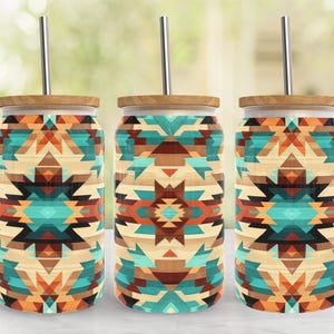 Brown Teal Aztec Pattern 16oz Libbey Glass Tumbler PNG File • Traditional Aztec 16oz Tumbler Wrap • Sublimation Digital Download ONLY