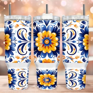 Blue Yellow Mexican Talavera Pattern • 40oz Tumbler Wrap PNG File • Mexico Pottery • 40oz Quencher Tumbler Sublimation Design • Digital File