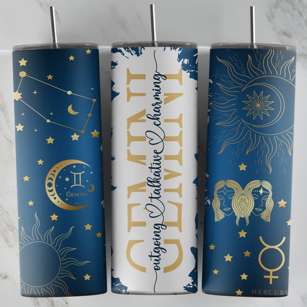 20oz Skinny Tumbler Sublimation Template Wrap Design • Zodiac Sign GEMINI • Zodiac Constellations 20oz Skinny Tumbler Design • PNG file