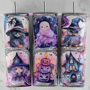 Black Cats Tarot Cards 20oz Skinny Tumbler Sublimation PNG File • Halloween • 20oz Skinny Design Wrap • Owls and Witches • Digital Download