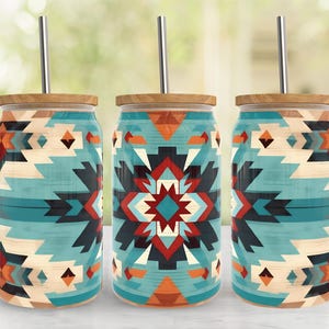 Teal Brown Pattern 16oz Libbey Glass Tumbler PNG File • Aztec pattern 16oz Tumbler Wrap • Sublimation Digital Download ONLY