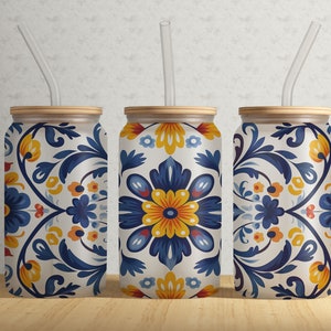 Yellow Blue Talavera Pattern 16oz Libbey Glass Tumbler Wrap PNG File • Mexican Pottery Print 16oz Tumbler Sublimation Design Wrap • Digital
