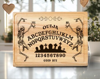 Diseño de archivo grabado a láser para tabla de cortar con esqueleto de Ouija, tabla de charcutería SVG, Glowforge, SVG láser, diseño de tabla de cortar de Halloween