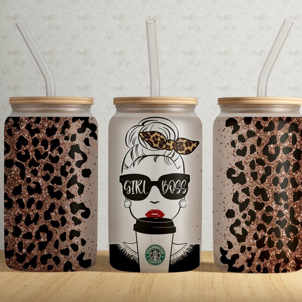 GIRL BOSS 16oz Libbey Can Tumbler Wrap PNG File • Cheetah Leopard Pattern Glass Can Sublimation Design • Coffee • Glitter Overlay