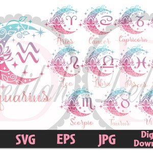 Pakiet znaków zodiaku SVG • Pakiet znaków zodiaku • Księżyc • Kwiat lotosu • Pobieranie cyfrowe • Svg • Png • Eps • Jpg