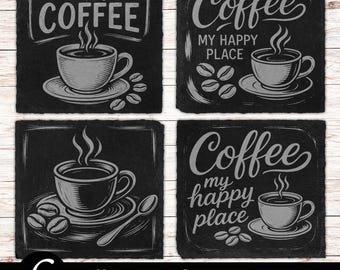 6 archivos láser para posavasos de pizarra Coffee Obsessed, grabado láser PNG, Glowforge, descarga digital de archivo láser Texan, diseño de grabado de posavasos de pizarra