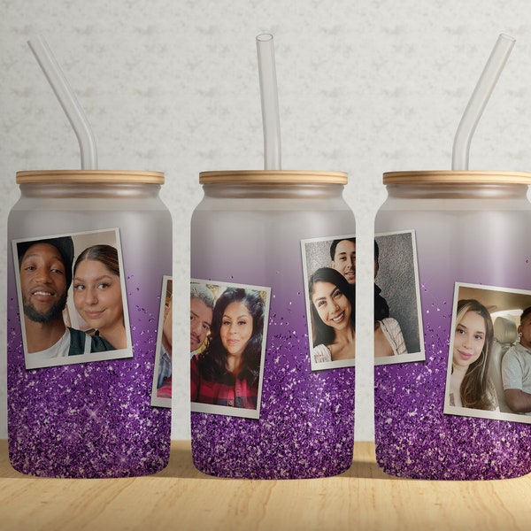 16oz Libbey Glass Can Tumbler Photo Frame Sublimation Template • PURPLE Glitter Overlay 16oz Glass Sublimation PNG file Digital Download