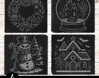 4 Spooky Christmas Slate Laser Coaster Files, PNG Laser Engrave, Glowforge , Halloween Laser File Digital Download, Slate Coasters Designs