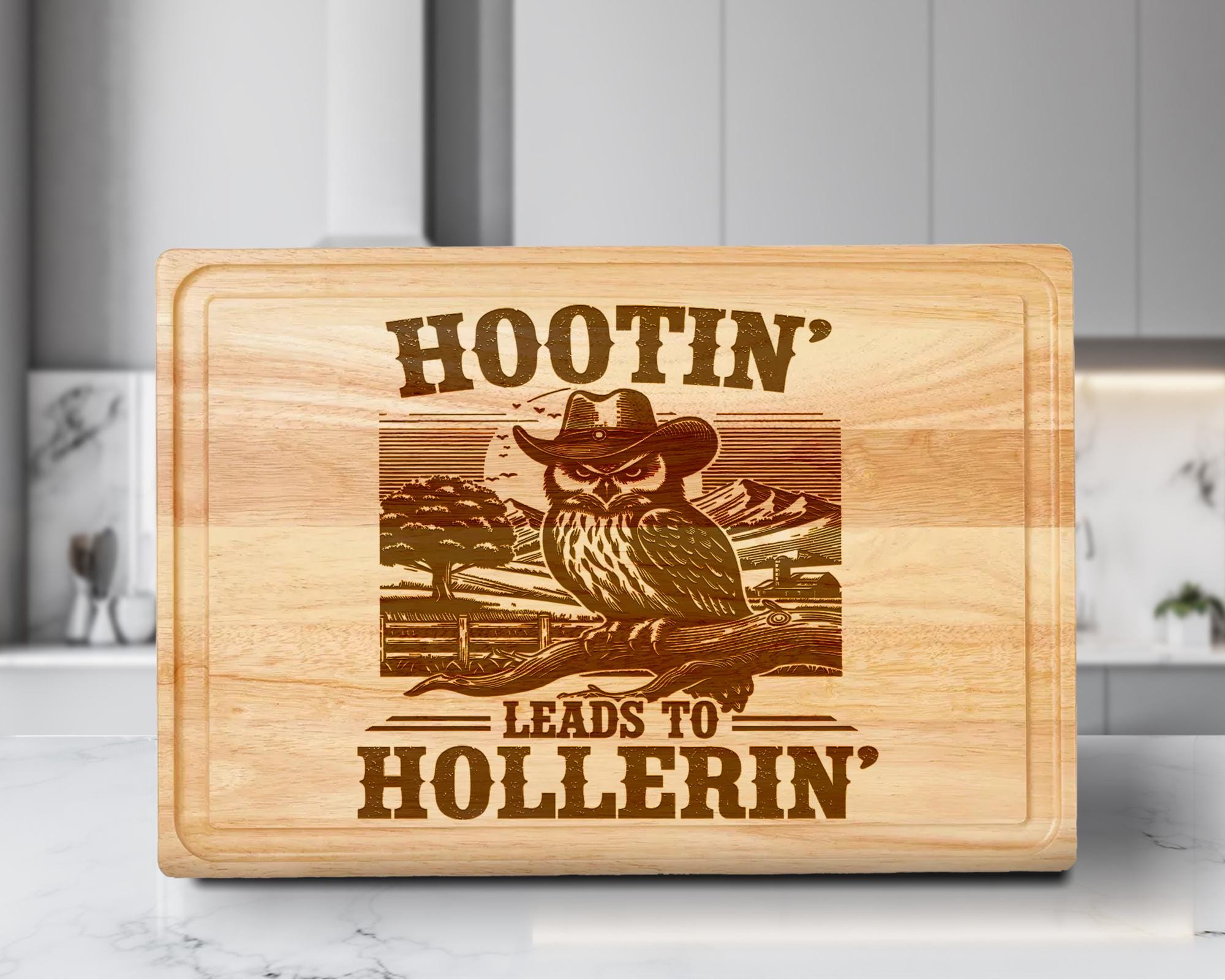 Owl Cowboy Hat Cutting Board SVG Laser Engraved File Design, Charcuterie Board