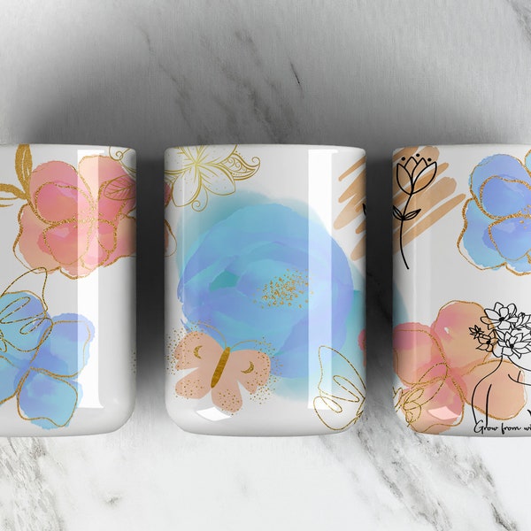 Colorful Affirmation Layout 11oz Coffee Mug Sublimation Design PNG File • Watercolors • Gold Flowers • Peach Blue Flowers • Mug Press