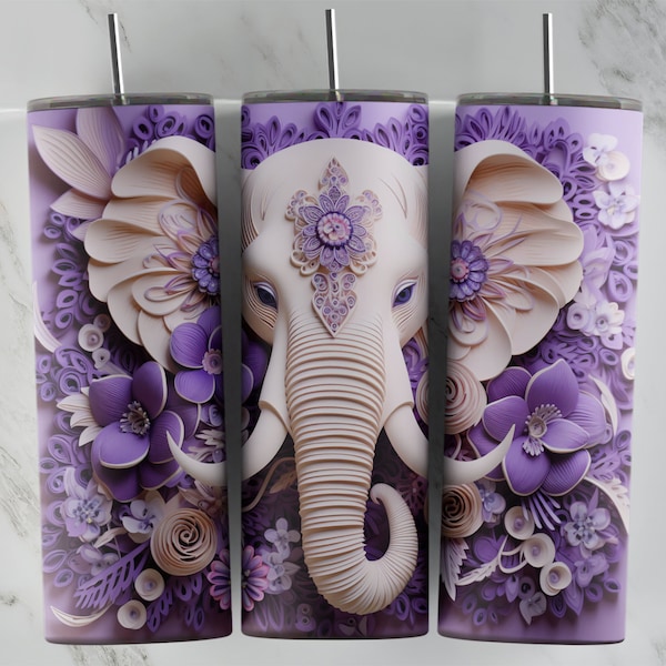 3D Jeweled Elephant 20oz Skinny Tumbler Sublimation Png File • Skinny Tumbler Wrap • 3D Purple Flowers • 20oz Tumbler Wrap • Digital ONLY