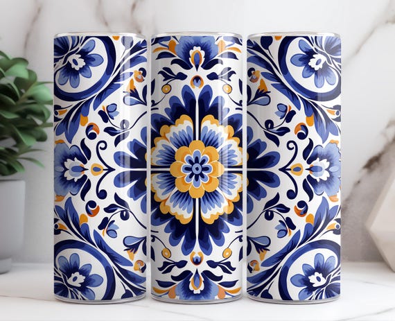 Blue Yellow Talavera Pattern 20oz  Skinny Tumbler PNG File • Mexican Art 20 OZ Skinny Wrap • 20oz Tumbler Sublimation Design • Digital