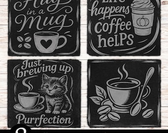 8 archivos para posavasos de pizarra con frases sobre café, PNG y SVG grabados con láser, Glowforge, archivo digital láser para baldosas de pizarra, diseño de posavasos de pizarra con café