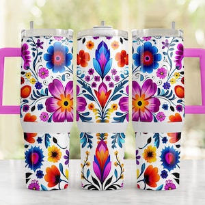 Mexican Embroidery Pattern • 40oz Tumbler Wrap PNG File • Mexican Folk Art Floral • 40oz Quencher Tumbler Sublimation Design • Digital File