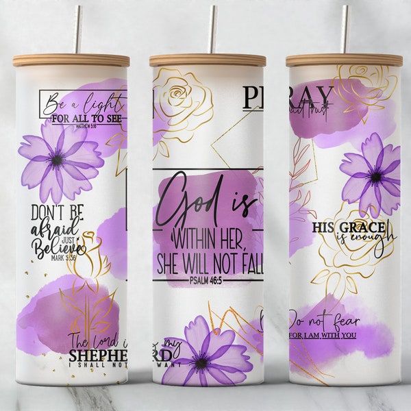 FAITH AFFRIMATIONS 25oz Glass Can Tumbler Wrap PNG File • Jesus • Purple Xray Flowers • Watercolor • Religious 25oz Glass Can Tumbler Wrap