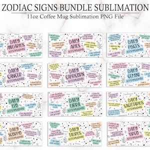 Pakiet afirmacji znaków zodiaku 11 uncji kubek sublimacja PNG Wrap, szablon kubka do kawy 11 uncji, pakiet kubków znaków zodiaku 11 uncji, pobieranie cyfrowe