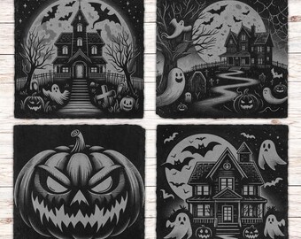 4 Spooky Halloween Slate Laser Coaster Files, PNG Laser Engrave, Glowforge , Halloween Party Digital Laser File, Slate Coaster Engraving