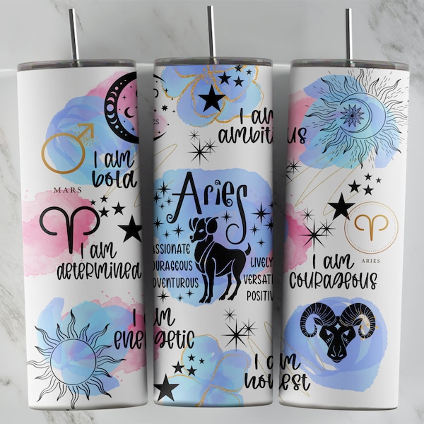 Zodiac Signs ARIES 20oz Skinny Tumbler Sublimation PNG File • Aries Affirmation 20oz Tumbler Design • Horoscope • Astrology