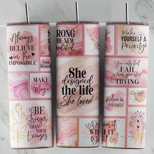 Positive Affirmations 20oz Skinny Tumbler Sublimation PNG File • Pink Marble Agate 20oz Tumbler Design • Digital Download