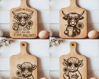 4 Funny Highland Cows Cutting Board Laser Engraved File Design, Charcuterie Board SVG, Glowforge, Laser SVG File, Chopping Board Design