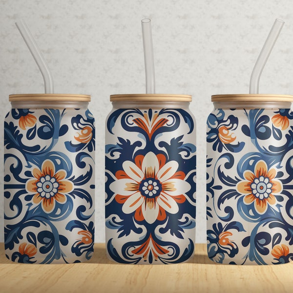 Blue Orange Talavera Mexican Print 16oz Libbey Glass Tumbler PNG File • Talavera Tile 16 oz Glass Can Wrap • Sublimation • INSTANT