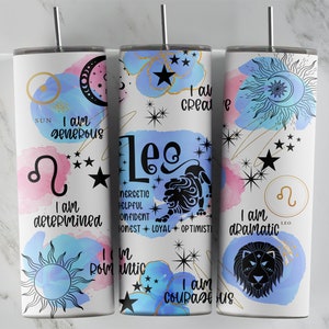Znaki zodiaku LEO 20oz Skinny Tumbler Sublimacja Plik PNG • LEO Affirmation 20oz Tumbler Design • Horoskop • Astrologia