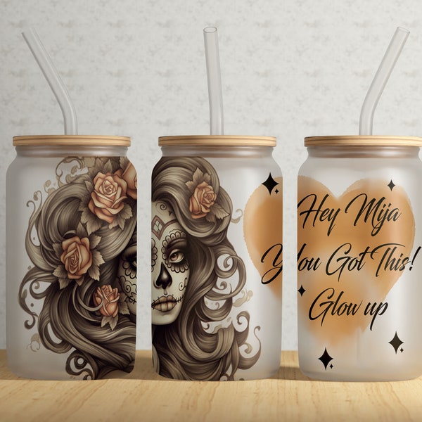 Day Of The Dead Girl 16oz Libbey Glass Tumbler Wrap PNG File • Dia De Los Muertos 16oz Tumbler Sublimation Wrap • Digital Download