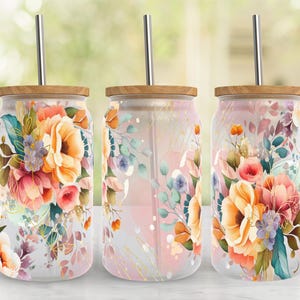 Watercolor FLOWERS 16oz Libbey Glass Tumbler Sublimation PNG Wrap, 16oz Tumbler Digital Download Mothers Day Glass Tumbler Design Wrap