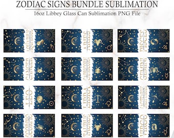 Puede incluir: Un conjunto de 12 diseños de sublimación que presentan signos del zodíaco con acentos dorados sobre un fondo azul. Los diseños son para latas de vidrio Libbey de 473 ml.