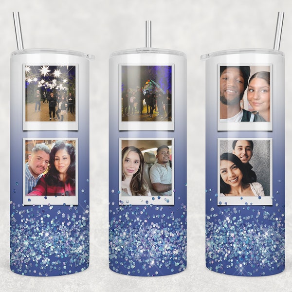 Picture Frame 20oz Skinny Tumbler Sublimation Design Wrap Template • Photo Collage • Dark Blue Glitter • Digital Download • PNG file