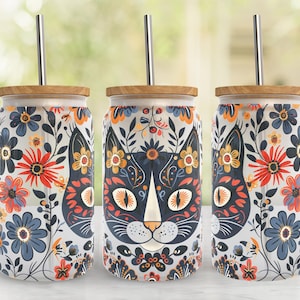 Cat Floral 16oz Glass Can Wrap, Libbey Glass PNG Design, 16oz Libbey Glass Design, Sublimation, Cat Lover 16oz Libbey Glass Wrap, Download