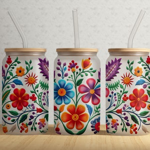 Embroidery Mexican Floral Pattern 16oz Libbey Glass Tumbler Wrap PNG File • Floral 16oz Tumbler Sublimation Wrap Design • Digital Download