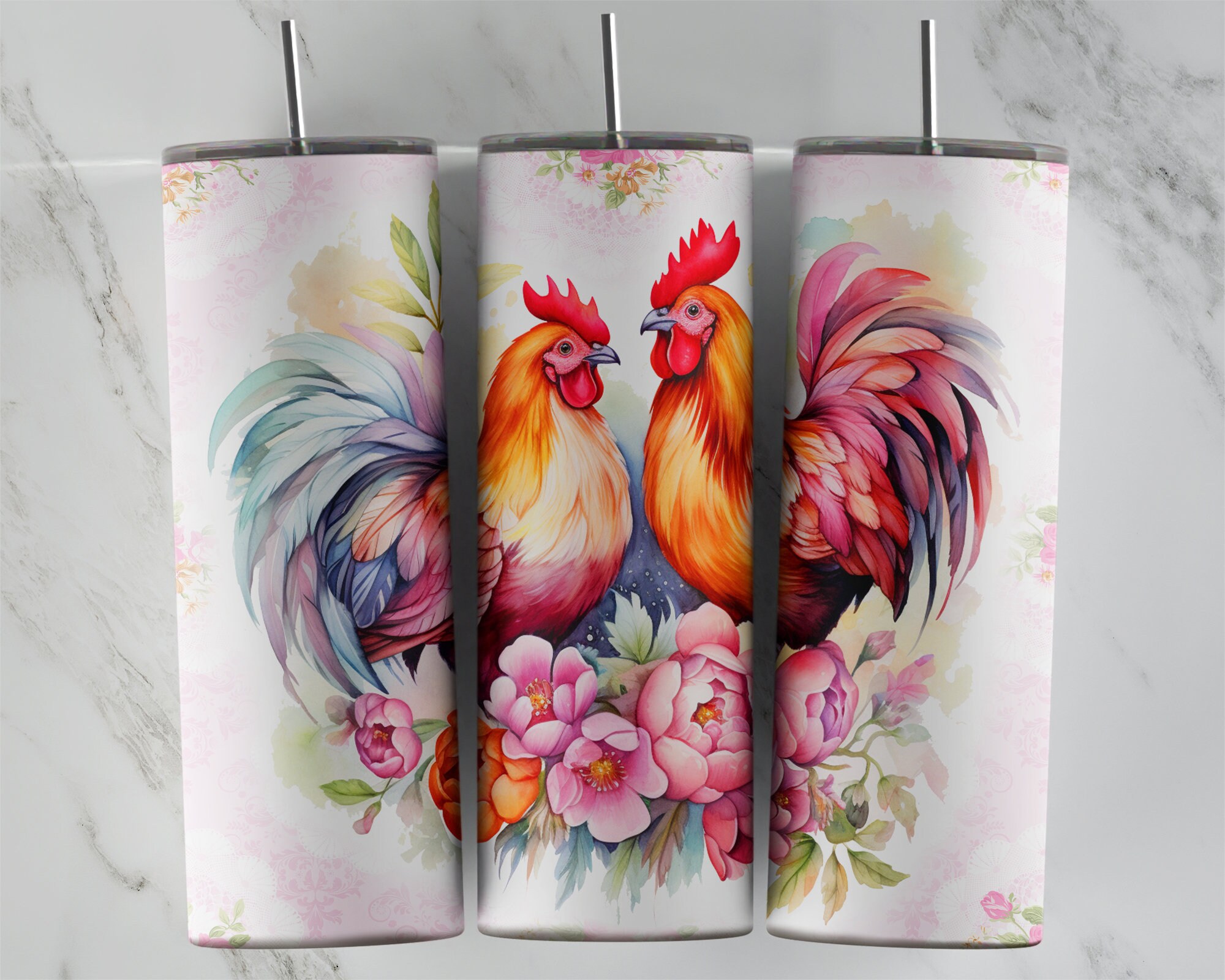 Floral Chicken 20 Oz Skinny Tumbler Sublimation PNG File • Watercolor ...