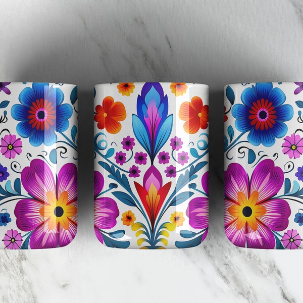 Mexican Embroidery 11oz Mug Sublimation PNG File • Floral • Mexican Folk Art Pattern 11oz Coffee Mug Wrap • Digital • Coffee Cup Design