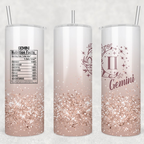 20oz Skinny Tumbler Sublimation Wrap Design • Zodiac Sign GEMINI Nutrition Facts • 20oz Skinny Tumbler  PNG file  Sublimation Design